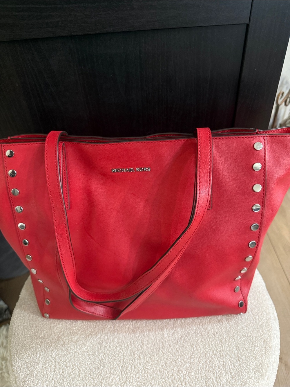 Michael Kors Red Studded Leather Tote Bag - Sleek Everyday Shoulder Bag - Picture 2 of 14